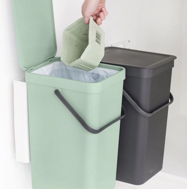Cos de gunoi colectare selectiva Brabantia Sort&Go 1005518, 2x16 L, Montare pe usa dulapului, Gri/Verde