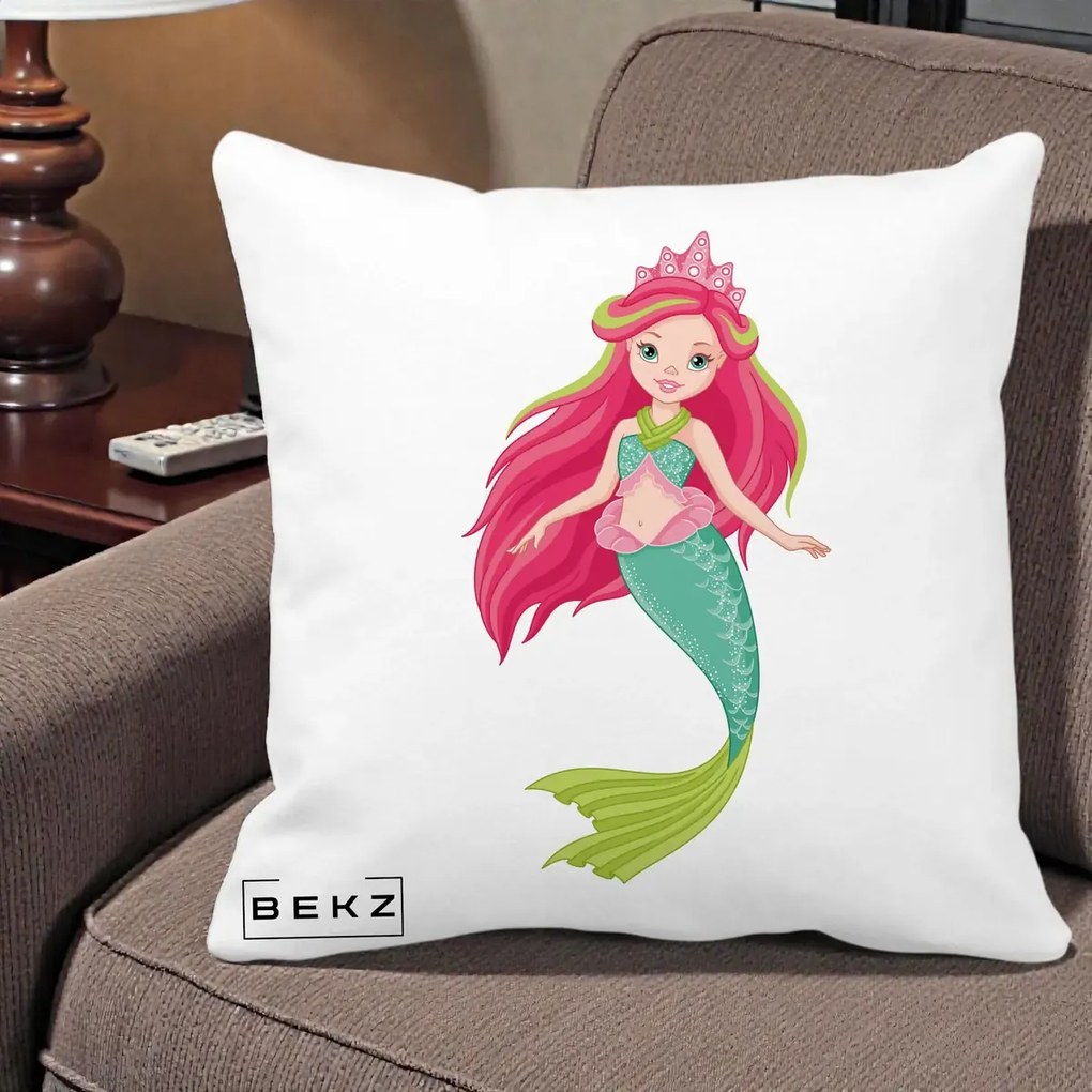 Perna Decorativa Sirena Roz cu Coroana, 40x40 cm, Alba Mata, Husa Detasabila, Perna Inclusa, BEKZ®