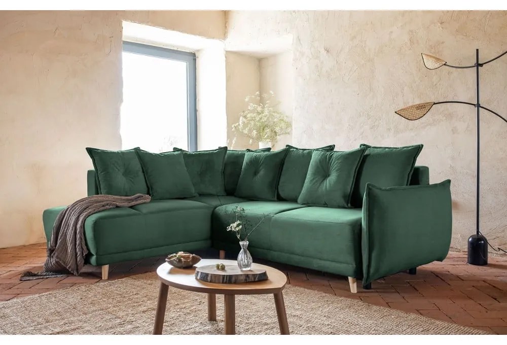 Colțar verde extensibil cu tapițerie din catifea reiată (colț stânga) Lazy Lukka – Miuform