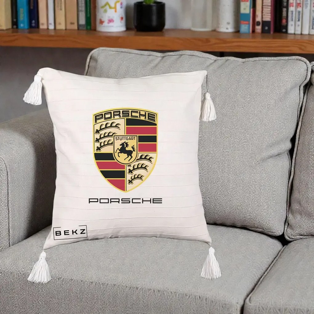 Perna Personalizata Porsche Stuttgart, 40x40 cm, Bej cu Franjuri, Husa Detasabila, Perna Inclusa, BEKZ®