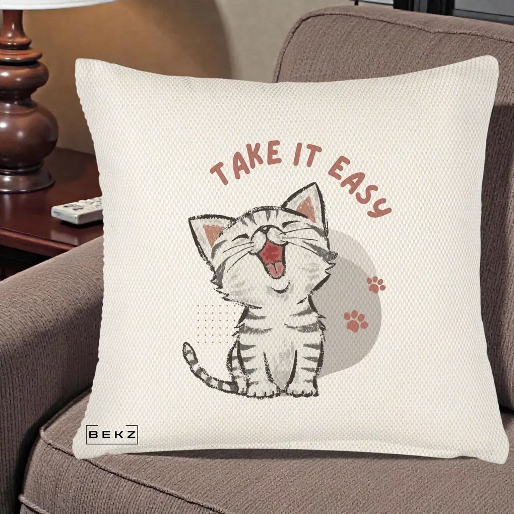 Perna Personalizata Take It Easy Cat, 40x40 cm, Crem Reliefat, Husa Detasabila, Perna Inclusa, BEKZ®