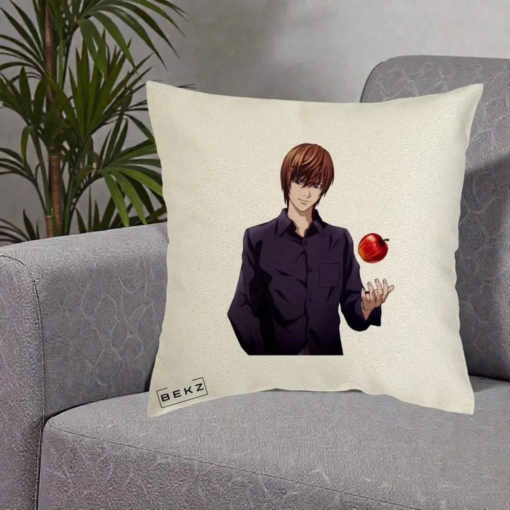 Perna Personalizata Death Note Light Yagami cu Mar, 40x40 cm, Ecru, Husa Detasabila, Perna Inclusa, BEKZ®