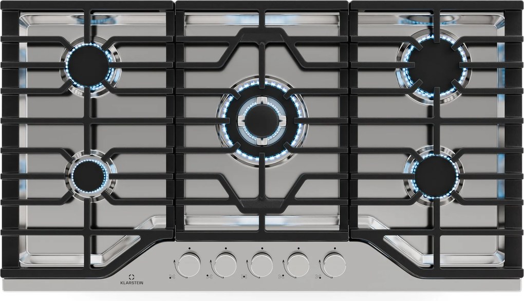 Klarstein Turbocast plită pe gaz, Oțel inoxidabil 304, 5 arzătoare, Suport profesional din fontă, Arzător wok