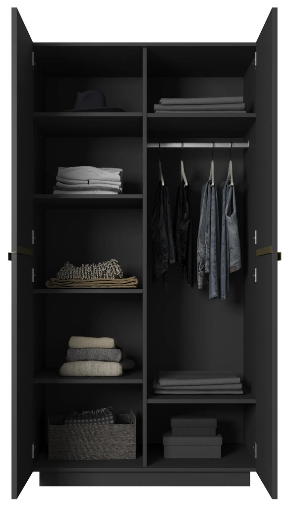 Dulap Nicole 100 cm cu rafturi - negru mat / mânere aurii