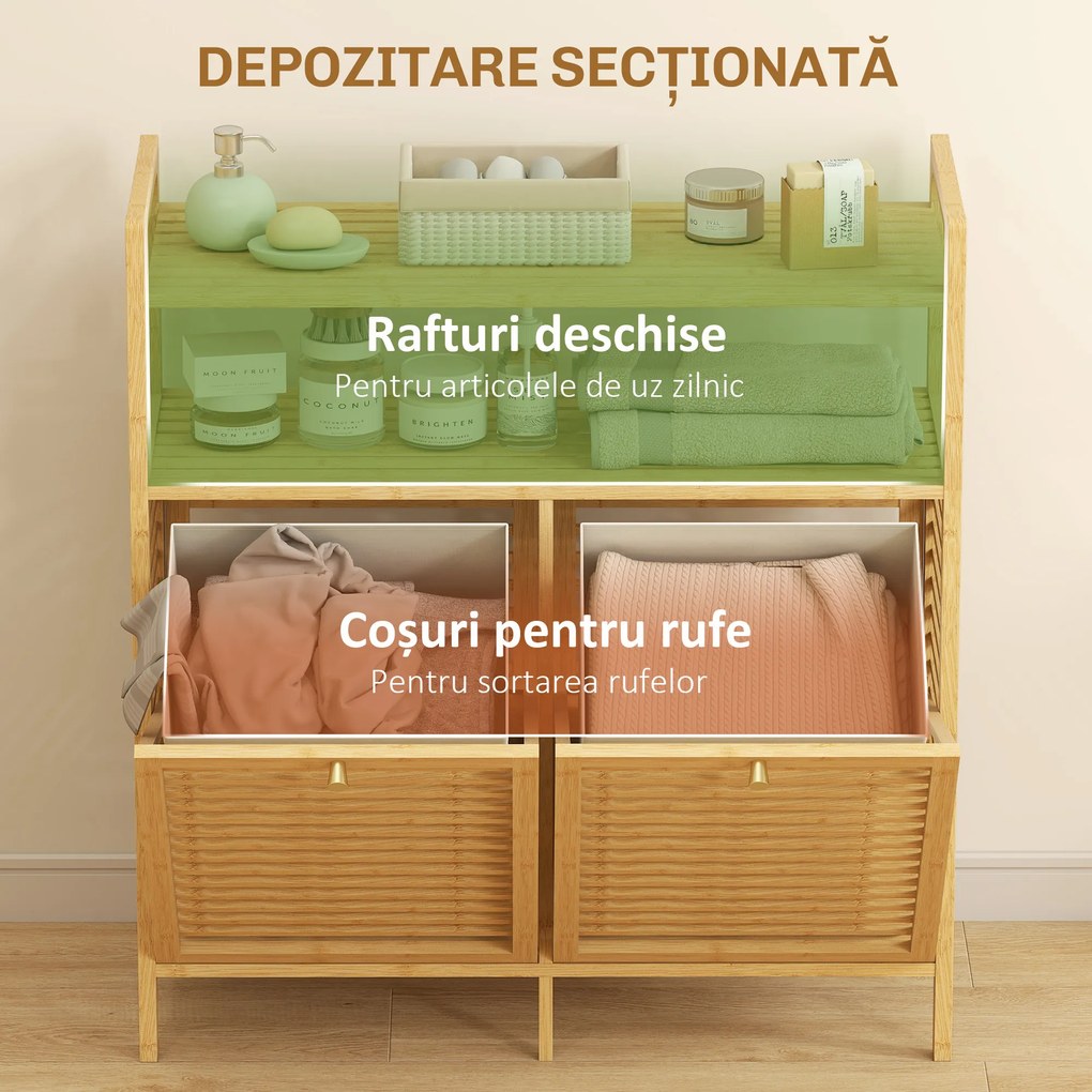 HOMCOM Mobilier pentru Rufe de Baie cu 2 Compartimente Basculante, 82L, Suport pentru Rufe Murdare din Bambus cu Coșuri Detașabile și Lavabile și 2 Rafturi, pentru Spălătorie și Baie, 82x33x88 cm, Culoare Lemn | Aosom Romania