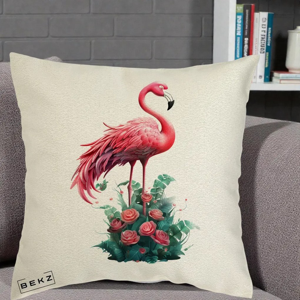 Perna Decorativa Flamingo cu Trandafiri Tropicali, 40x40 cm, Ecru, Husa Detasabila, Perna Inclusa, BEKZ®