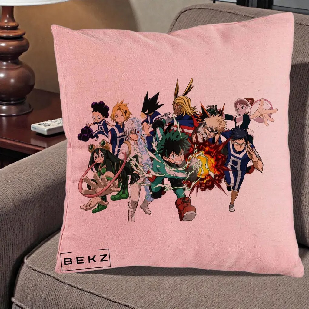Perna Personalizata My Hero Academia Clasa 1-A Complet, 40x40 cm, Roz, Husa Detasabila, Perna Inclusa, BEKZ®