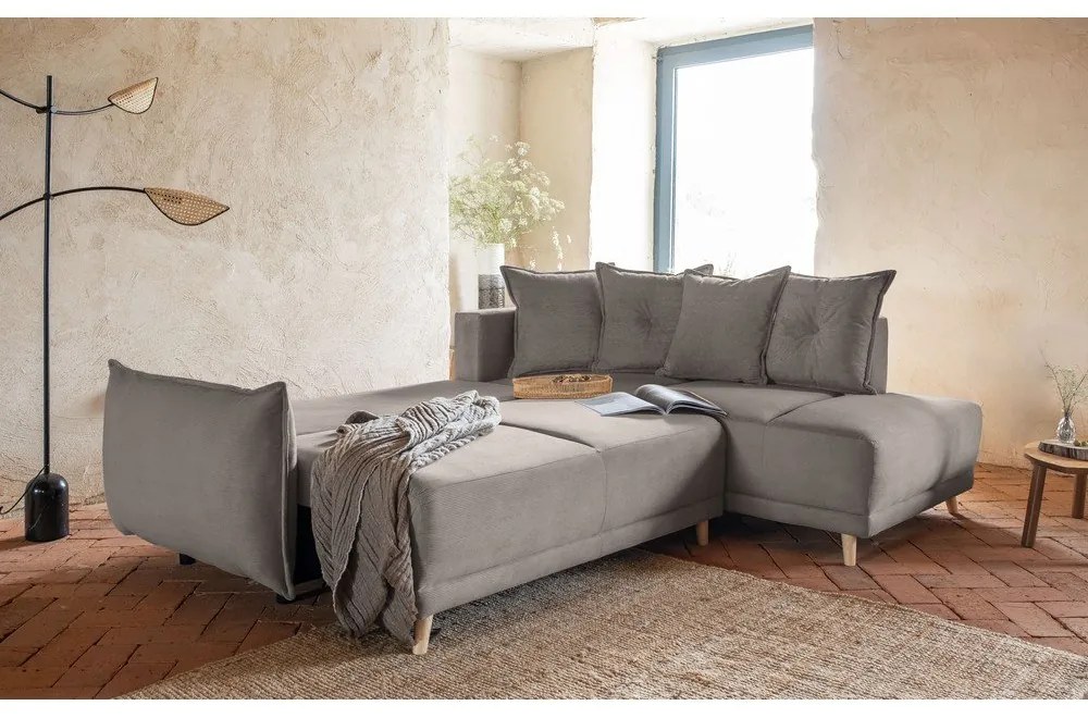 Colțar maro deschis extensibil cu tapițerie din catifea reiată (colț dreapta) Lazy Lukka – Miuform