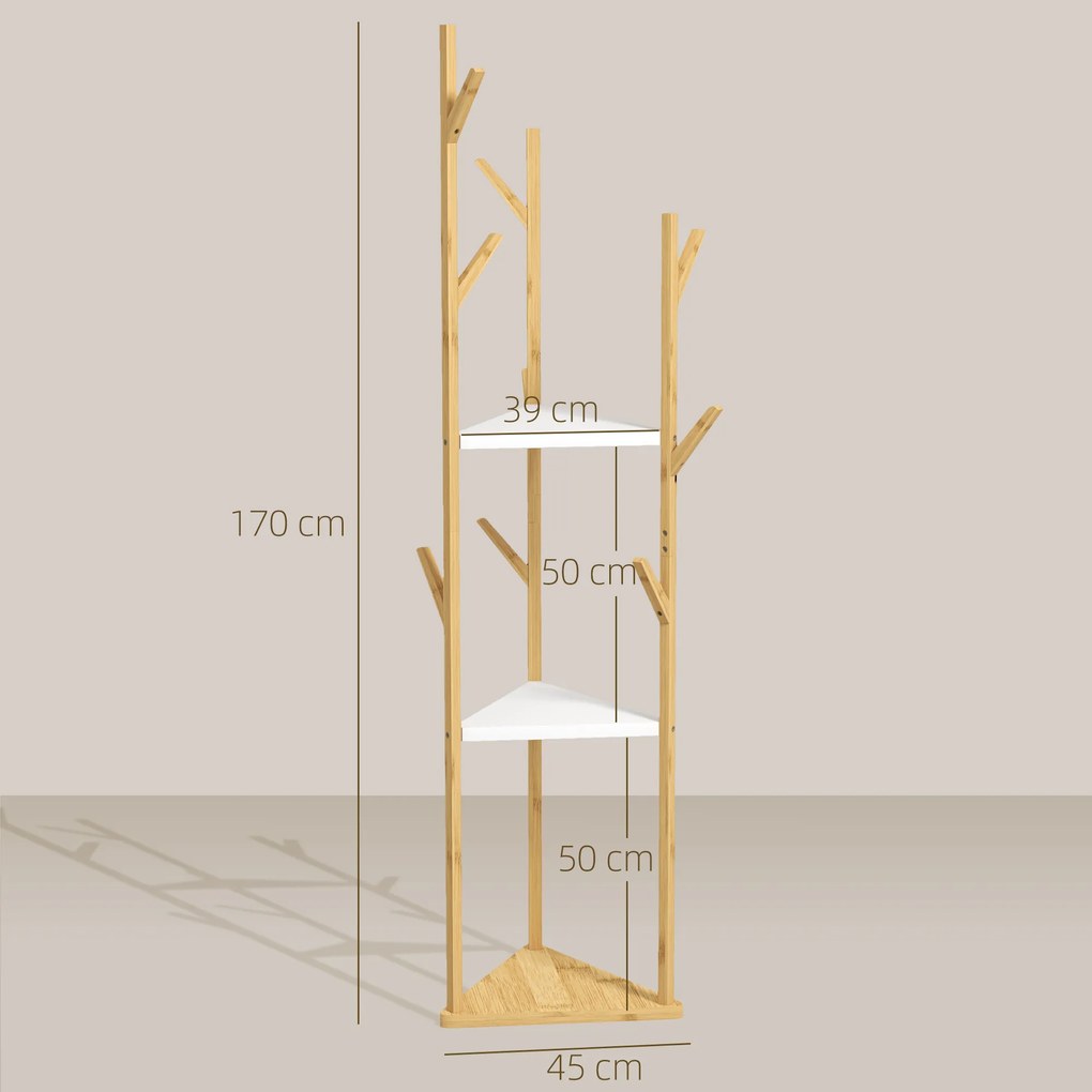 HOMCOM Cuier de Podea din Bambus în Formă de Copac cu 8 Cârlige și 3 Rafturi, 45x45x170 cm, Alb | Aosom Romania