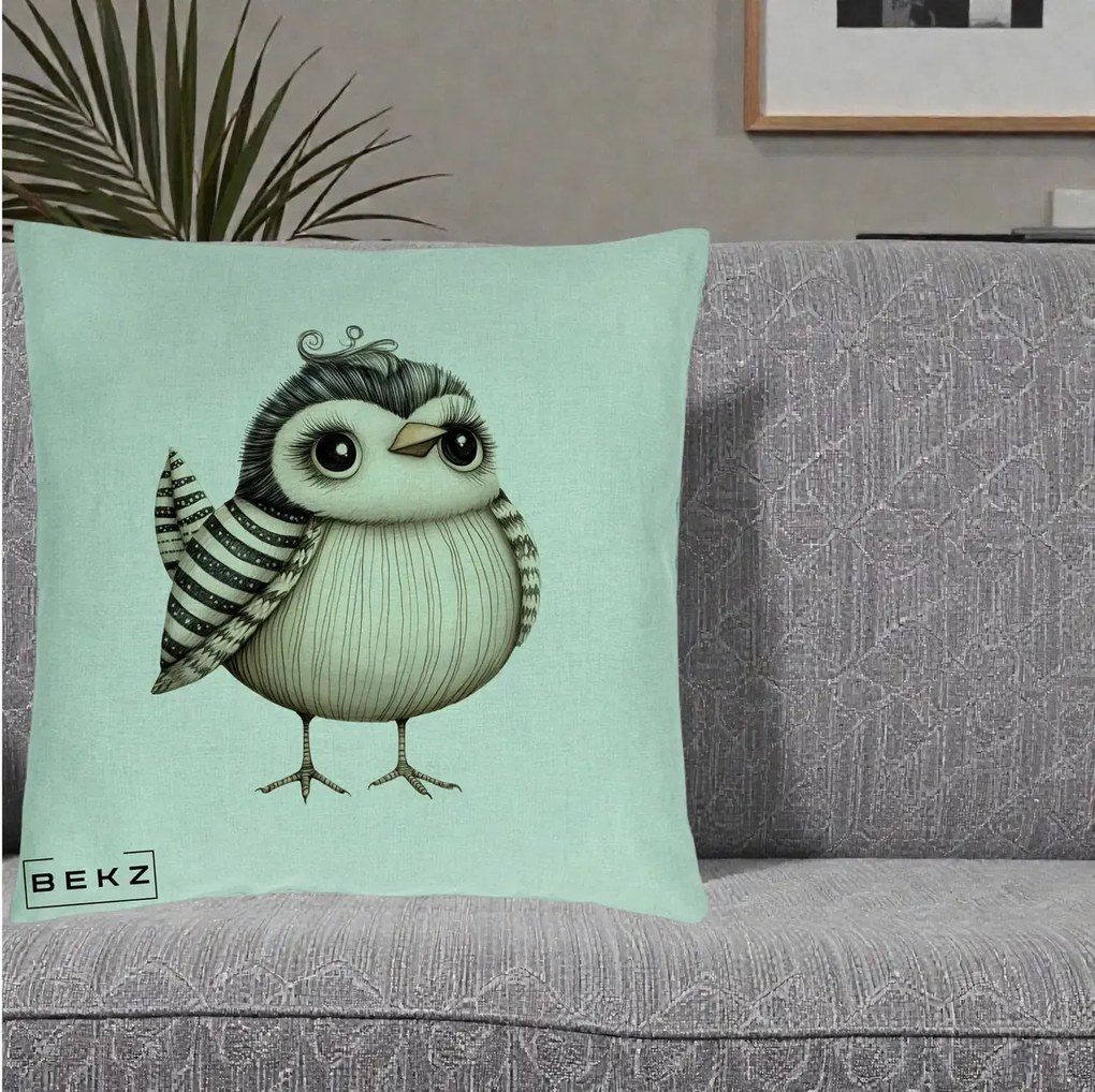 Perna Decorativa Pui Elegant Alb-Negru, 40x40 cm, Verde Menta, Husa Detasabila, Perna Inclusa, BEKZ®