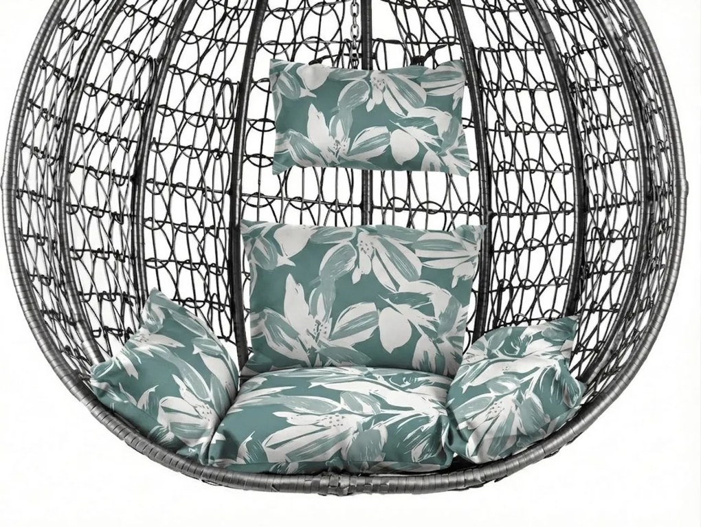 Scaun suspendat gri KOKON cu suport, perna verde-alba