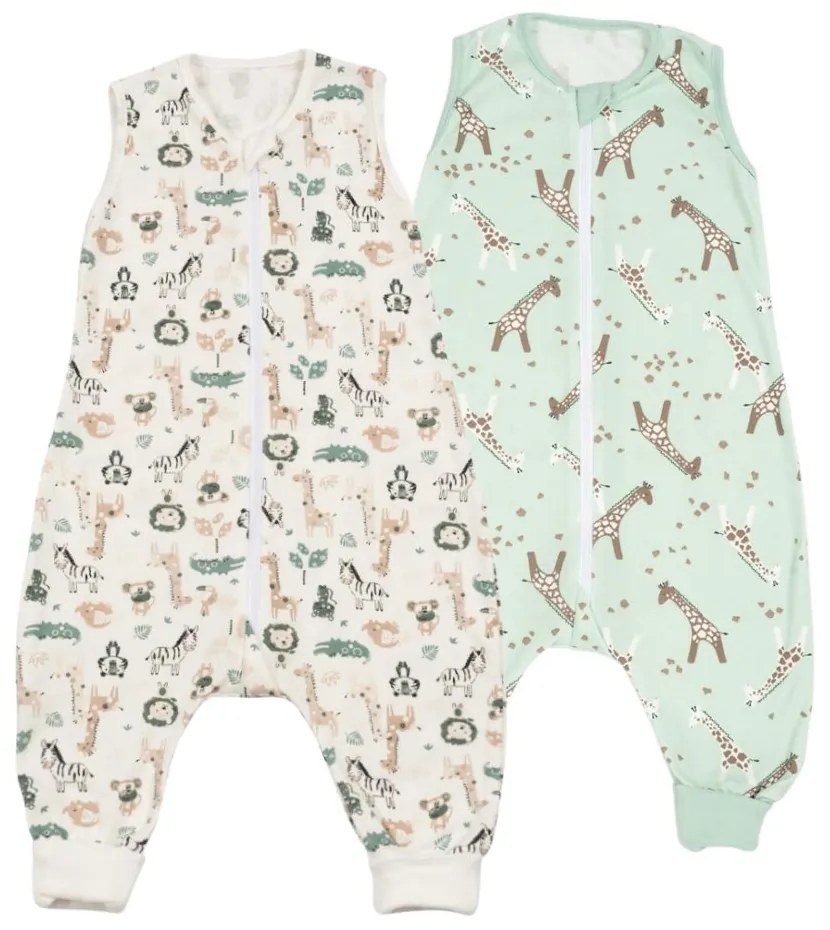 Set 2 saci dormit copii de vara din bumbac cu picioare 6-18 luni Kidizi Giraffe Safari, 0.5 tog, mansete transformabile in soseta