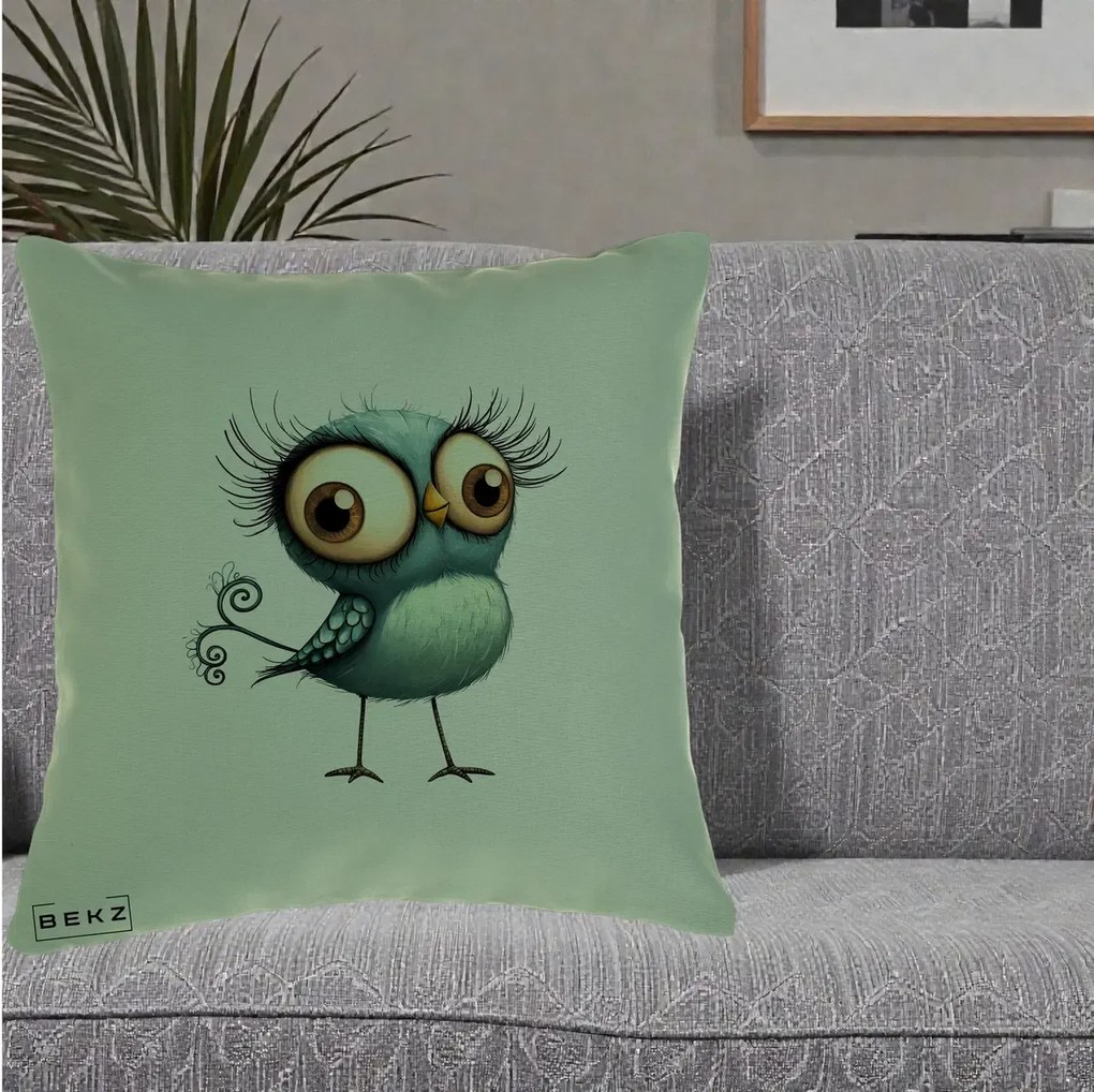 Perna Decorativa Pasare Teal cu Gene si Coada Spiralata, 40x40 cm, Verde, Husa Detasabila, Perna Inclusa, BEKZ®