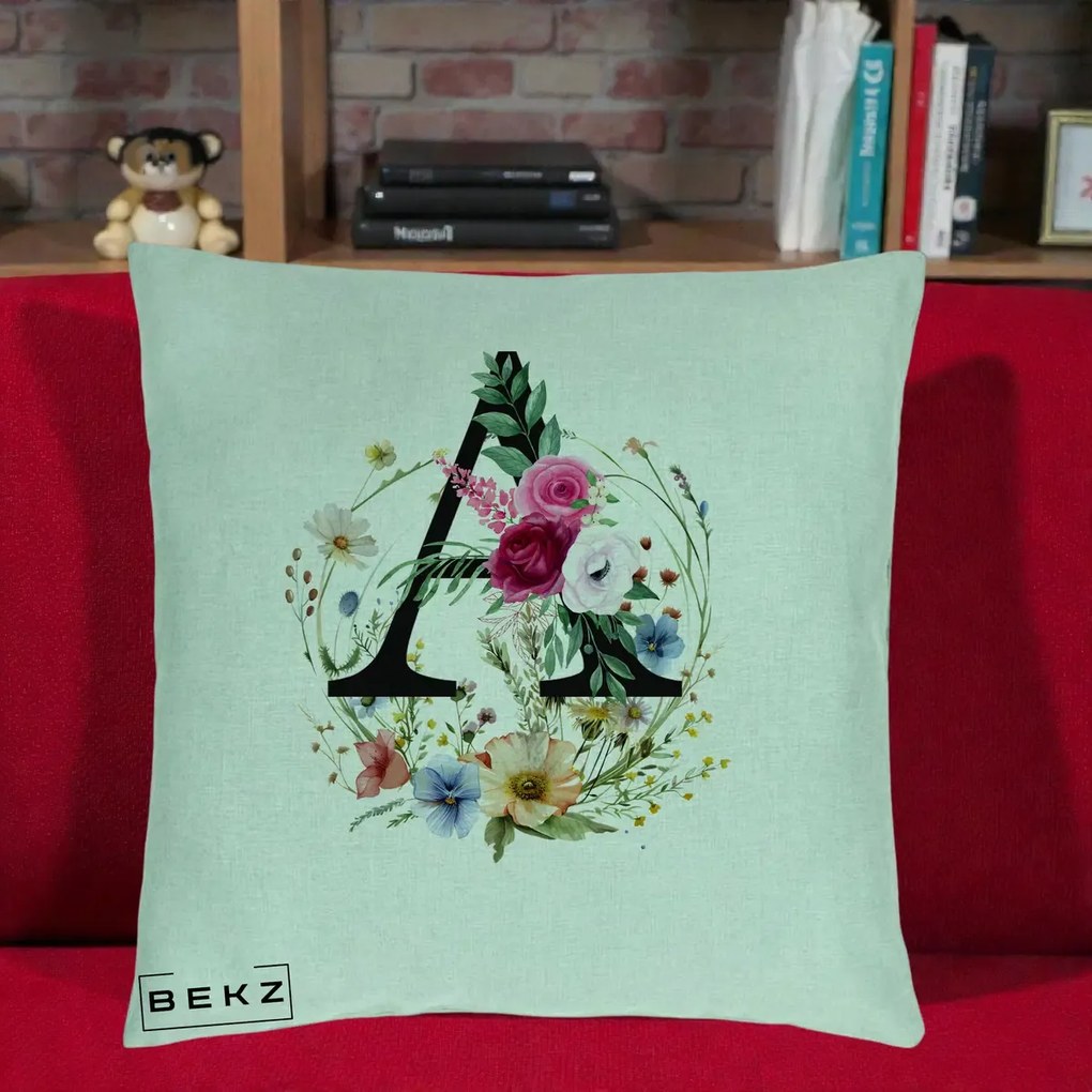 Cadou Personalizat - Perna Personalizata Monogram Litera A cu Flori Acuarela, 40x40 cm, Verde Menta, Husa Detasabila, Perna Inclusa, BEKZ®
