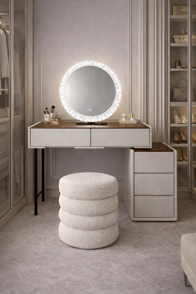 Set EMILY, Masă de toaletă pentru machiaj cu oglindă iluminată LED, în trei culori, intensitate reglabilă, control touch, comoda, taburet, 80 cm, Gri deschis
