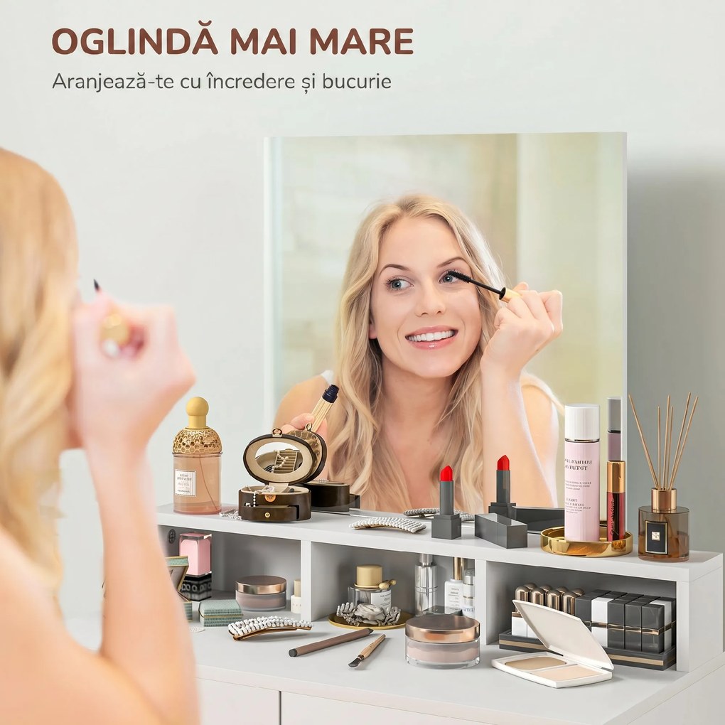 HOMCOM Masă de toaletă cu oglindă, 2 sertare, 3 compartimente, compactă, pentru dormitor, albă | Aosom Romania