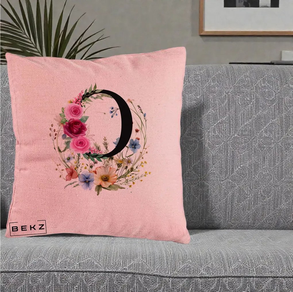 Cadou Personalizat - Perna Personalizata Monogram Litera O cu Flori Acuarela, 40x40 cm, Roz, Husa Detasabila, Perna Inclusa, BEKZ®