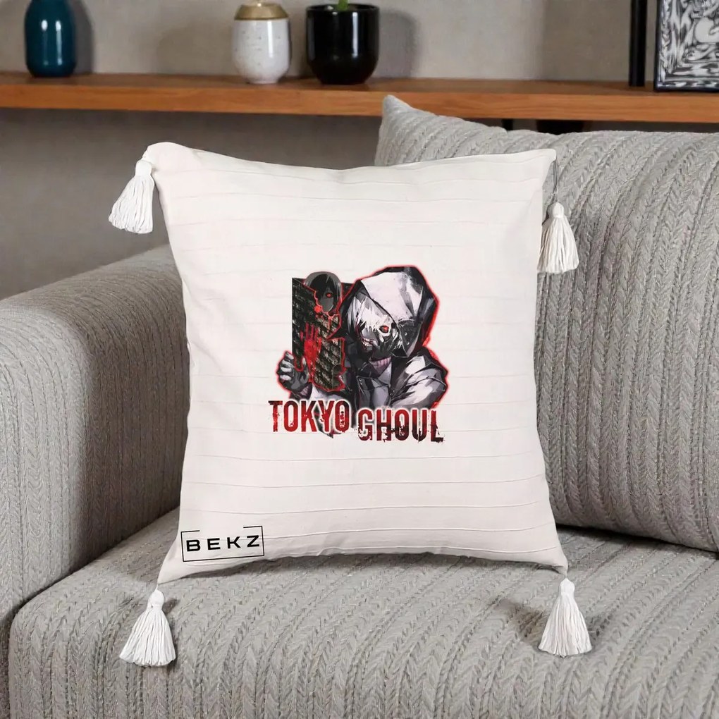 Perna Personalizata Tokyo Ghoul Ken Kaneki Anime, 40x40 cm, Bej cu Franjuri, Husa Detasabila, Perna Inclusa, BEKZ®