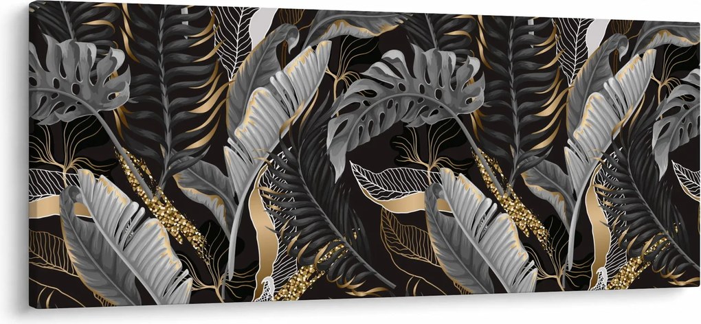 Tablou - Frunze tropicale, Galben - auriu (120x50 cm)