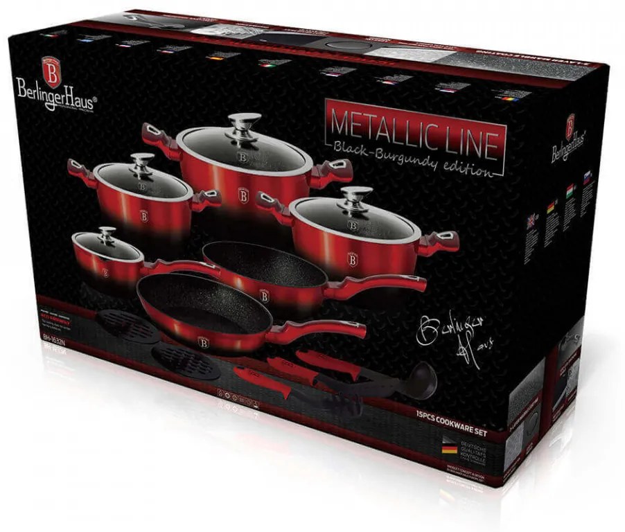 Set oale si tigai marmorate (15 piese) din aluminiu forjat Black Burgundy Metalic Line Berlinger Haus BH 1632N