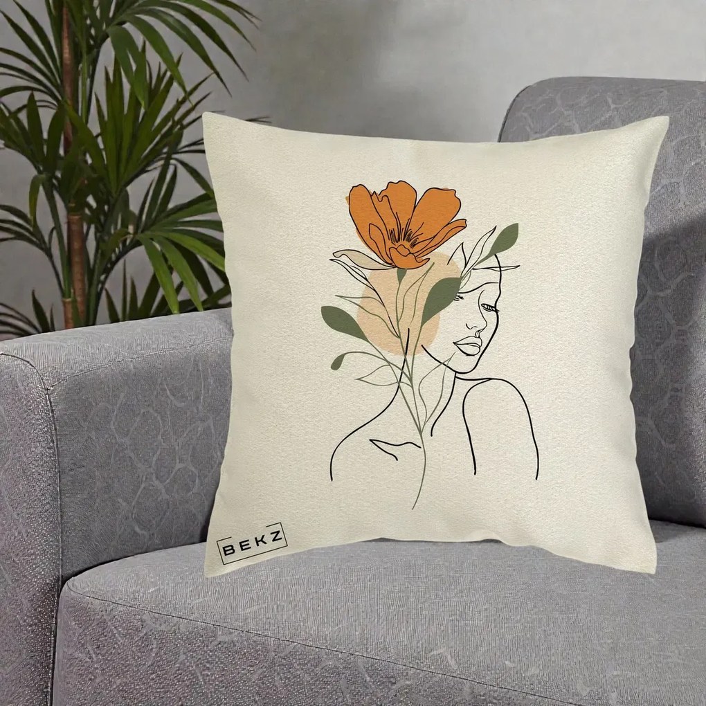 Perna Decorativa Portret Feminin Floare Portocalie, 40x40 cm, Ecru, Husa Detasabila, Perna Inclusa, BEKZ®