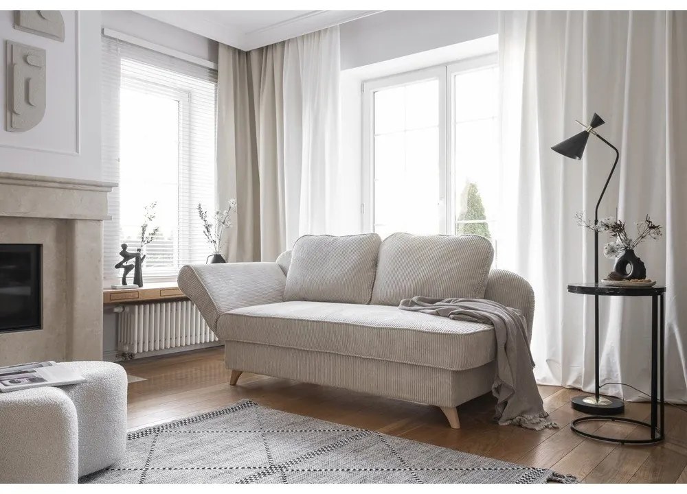 Șezlong bej cu tapițerie din catifea reiată (cu colț pe partea stângă) Chic Charlotte – Miuform