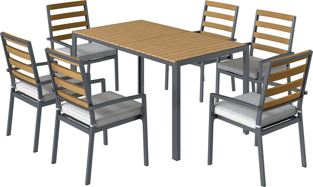 Outsunny Set mobilier grădină 7 piese, set cu 1 masă de dining, 6 scaune, perne, pentru terasă, lemn natural | Aosom Romania