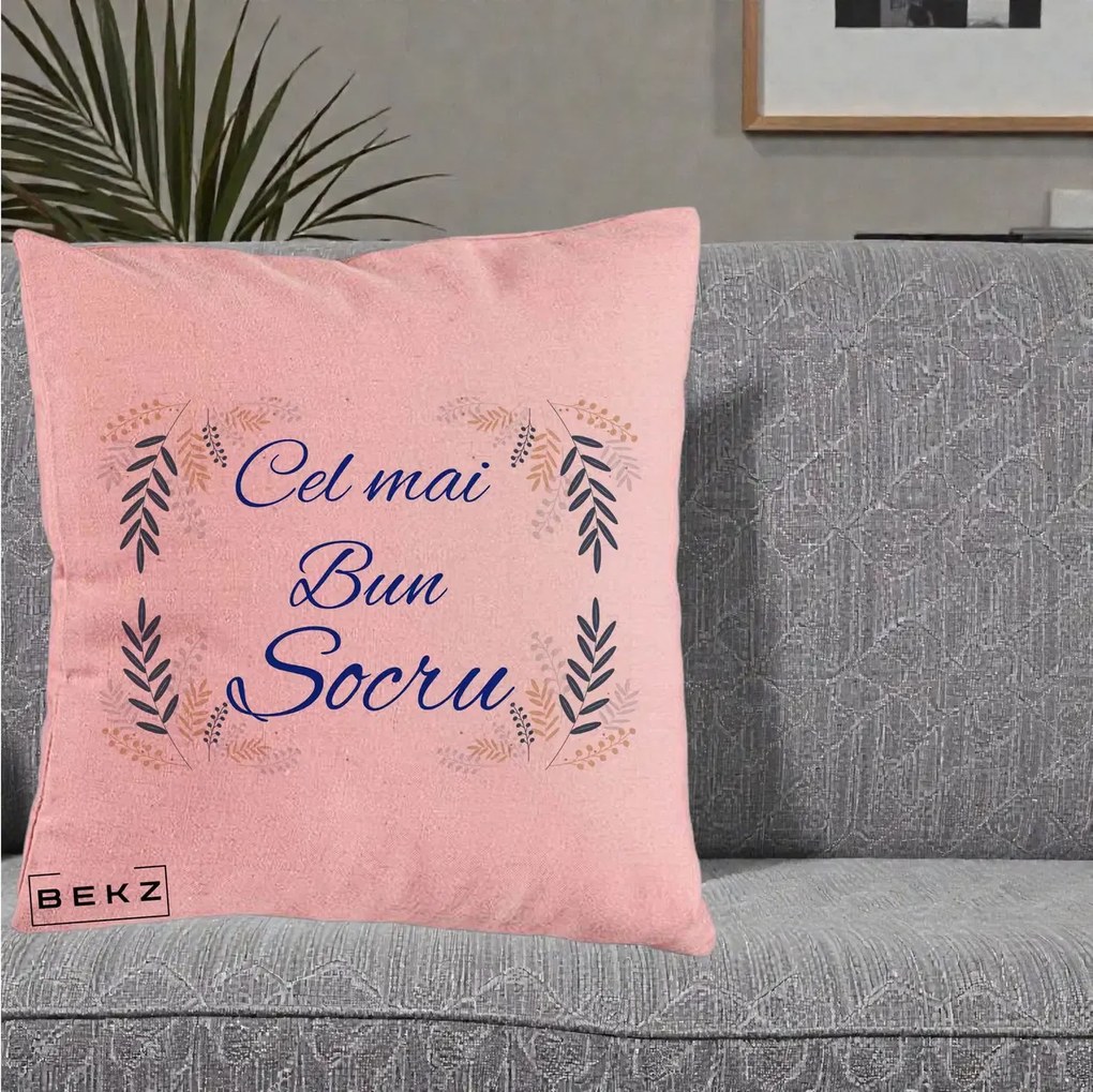 Cadou pentru Socru - Perna Personalizata Cel mai Bun Socru cu Ramuri Frunze Albastre si Aurii, 40x40 cm, Roz, Husa Detasabila, Perna Inclusa, BEKZ®