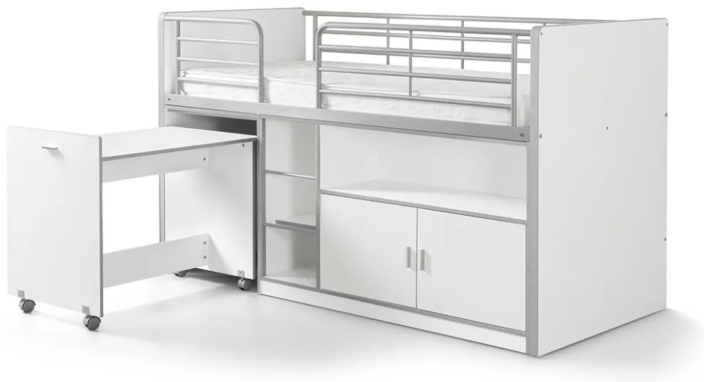 Pat Supraetajat cu Birou Extensibil și Spații de Depozitare, Alb (Metal și PAL) – Bonny – Vipack