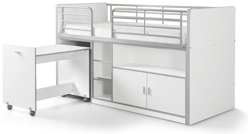 Pat Supraetajat cu Birou Extensibil și Spații de Depozitare, Alb (Metal și PAL) – Bonny – Vipack