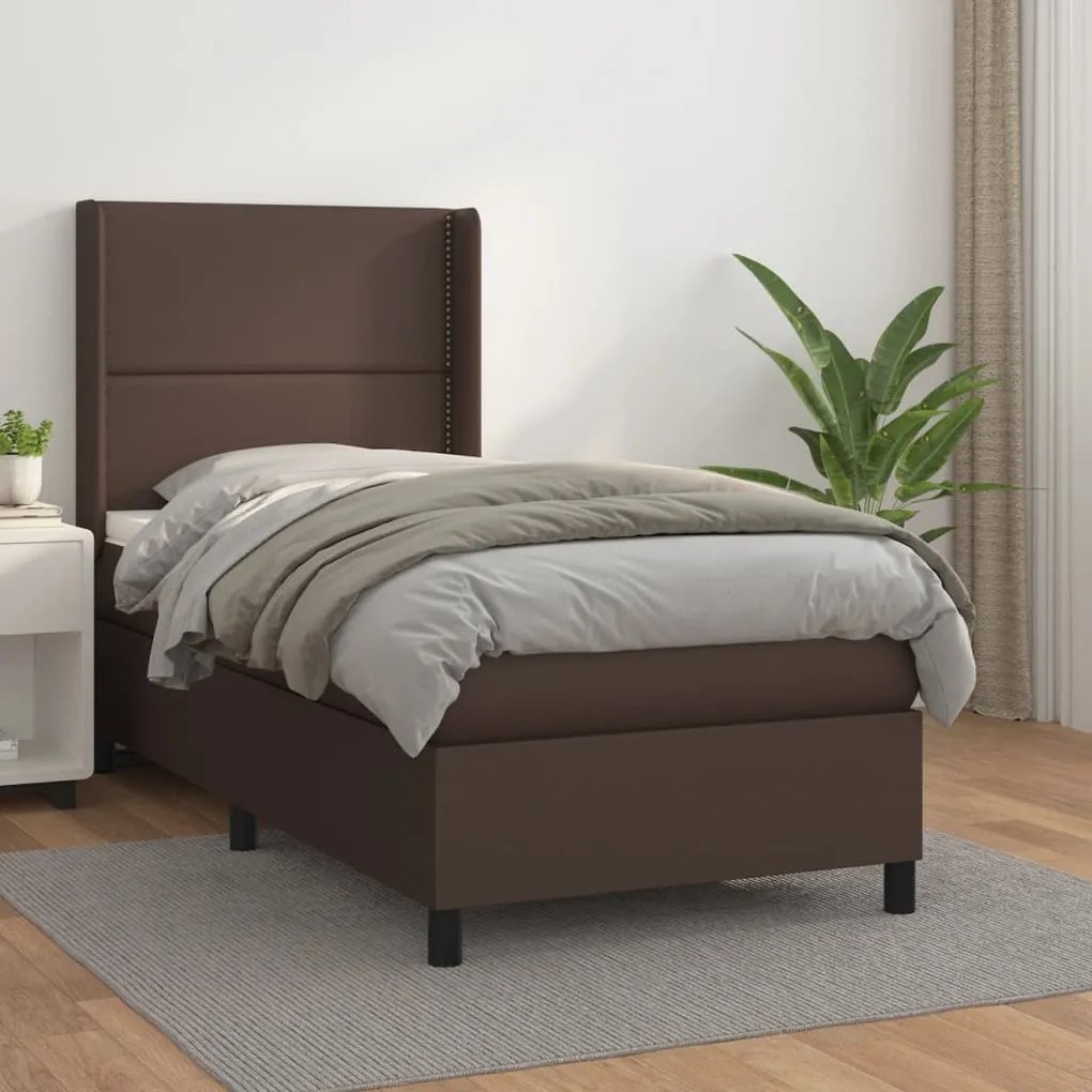 3132420 vidaXL Pat box spring cu saltea, maro, 90x200 cm, piele ecologică