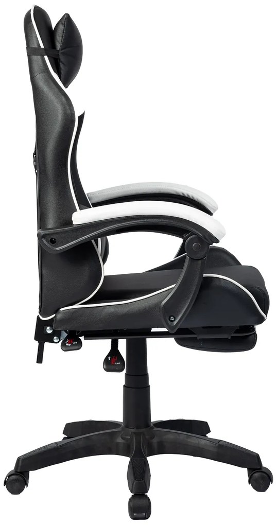 Scaun gaming, masaj în perna lombară, suport picioare, PU, Negru/Alb