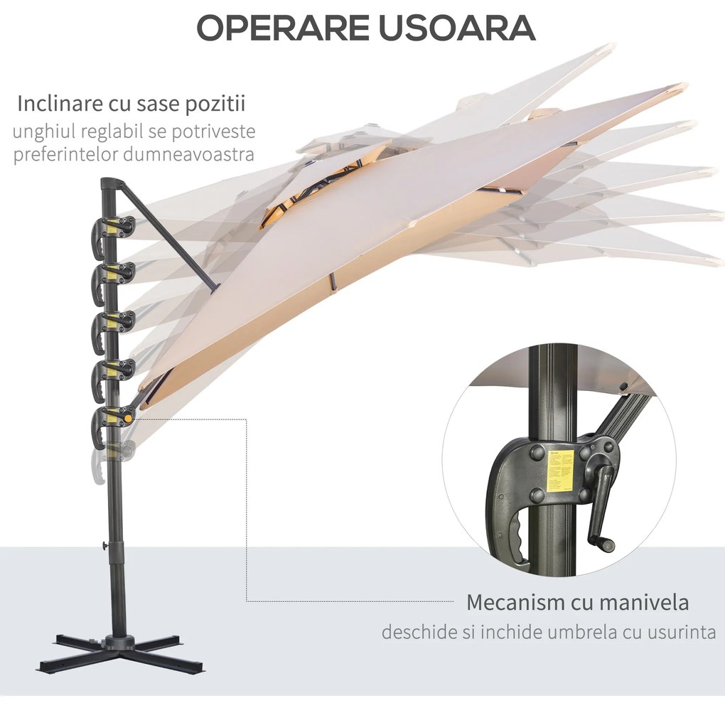 Outsunny Umbrela de Soare pentru Gradina 295x295cm Pivotanta la 360° cu Manivela, Umbrela de Soare cu brat cu Inclinare Reglabila, Kaki si Negru | Aosom Romania