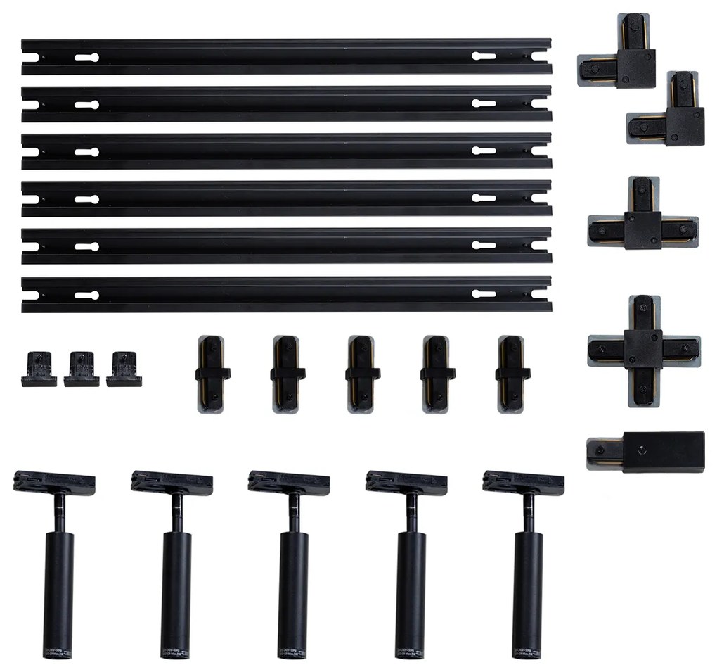 Sistem de iluminat modern pe șină cu 5 spoturi negre monofazate - Iconic Ivy