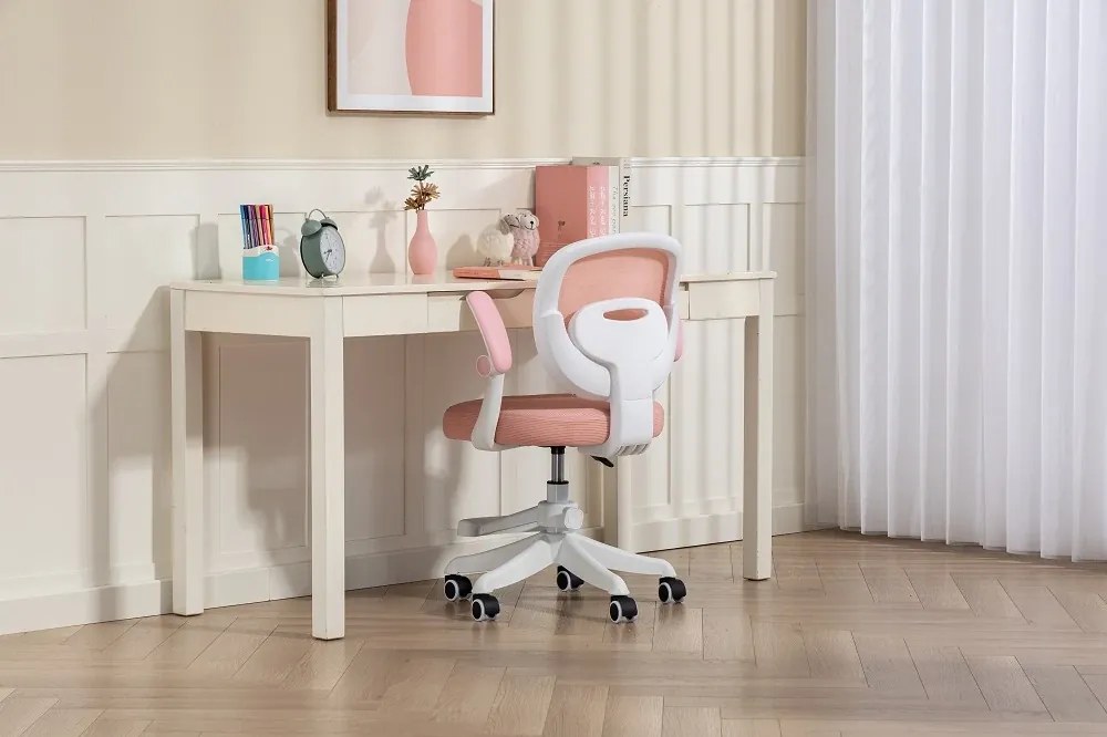 Scaun ergonomic pentru copii, suport lombar, suport picioare reglabil, rotativ, Roz