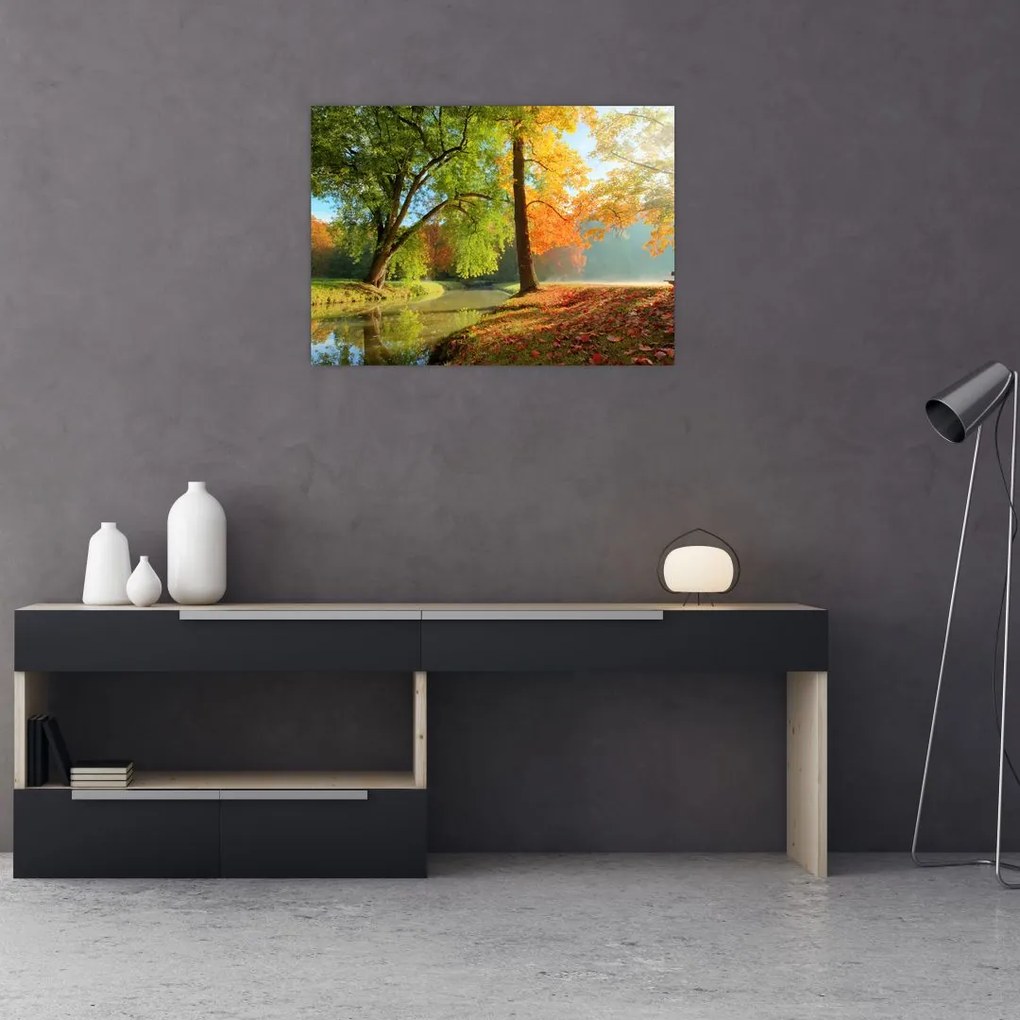Tablou pe sticlă - Peisaj liniștit de toamnă (70x50 cm)