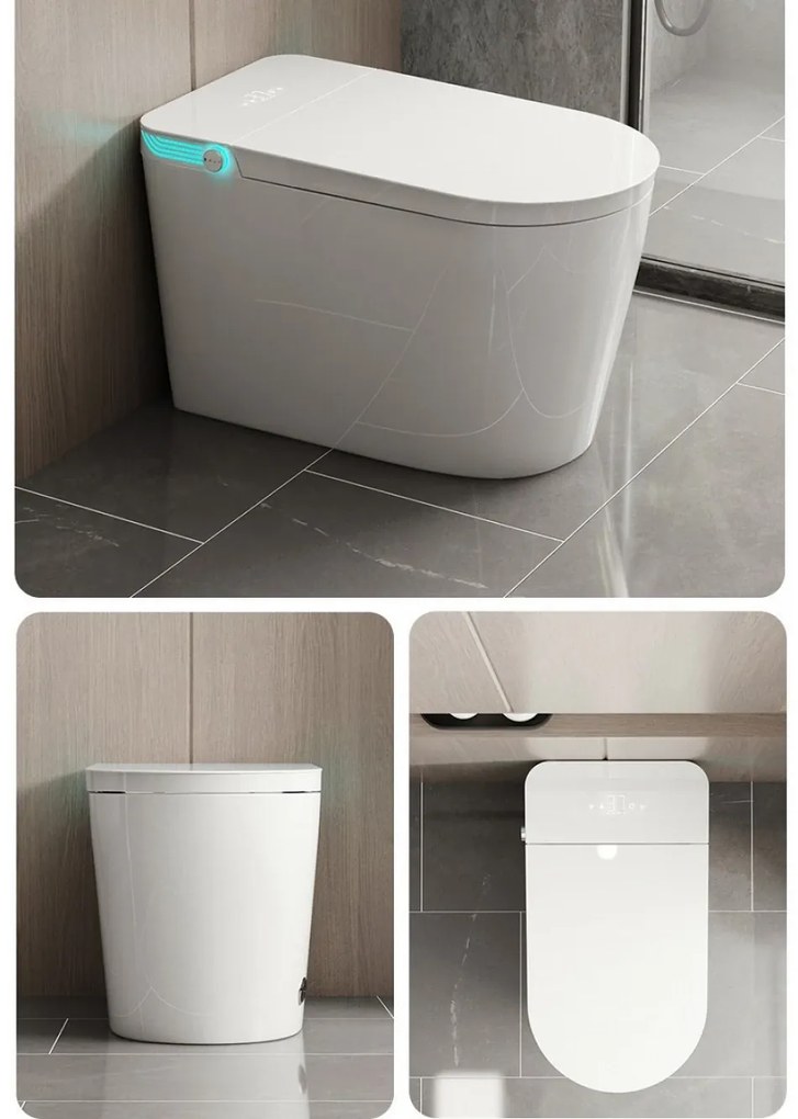 Vas toaletă inteligentă cu Bideu, Afișaj LED, Telecomandă, Sterilizare UV, Deschidere/Închidere automată, funcționare senzor picior, Control inteligent al Temperaturii, Uscare aer cald, Iluminare de noapte, Ceramică, Alb, 939