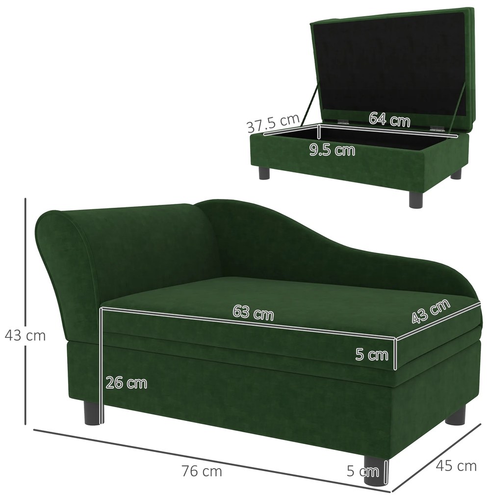 PawHut Canapea câini pisici pe picioare cu depozitare stil modern perne de șezut detașabile 76 x 45 x 43 cm verde | Aosom Romania