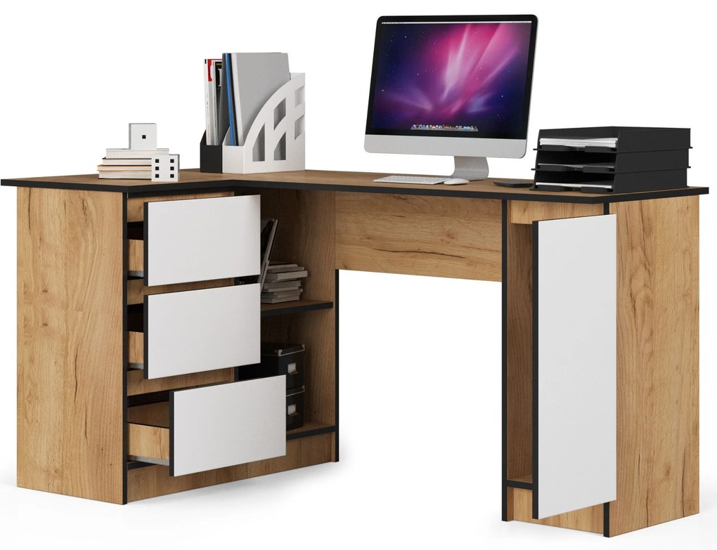 Masă PC de colț Bevin (Stejar craft + Alb) (S). 1070975