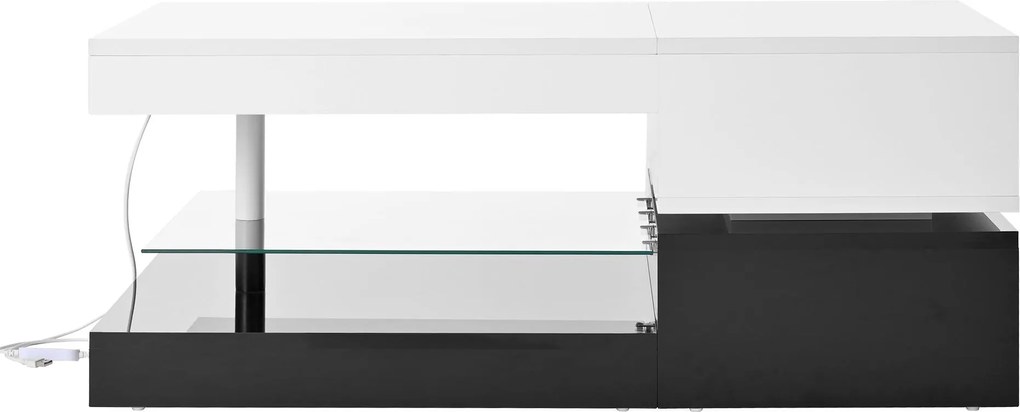 Masă de cafea cu iluminare ambientală LED, poliță din sticlă &amp; finisaj lucios, 90x45x35,5 cm, Alb+Negru