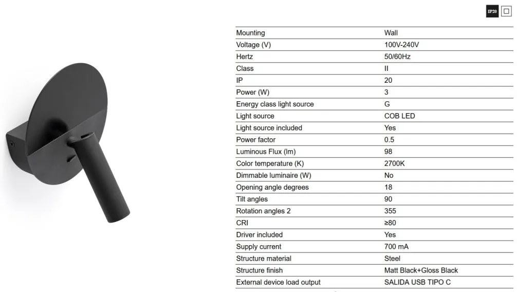 Aplica cu reader LED directionabil stil minimalist DUAS USB C negru