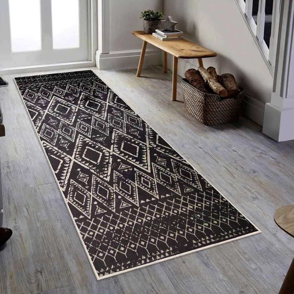 Covor antiderapant Berenice, dreptunghiular, 80x200 cm, oriental, negru, alb, 60% bumbac