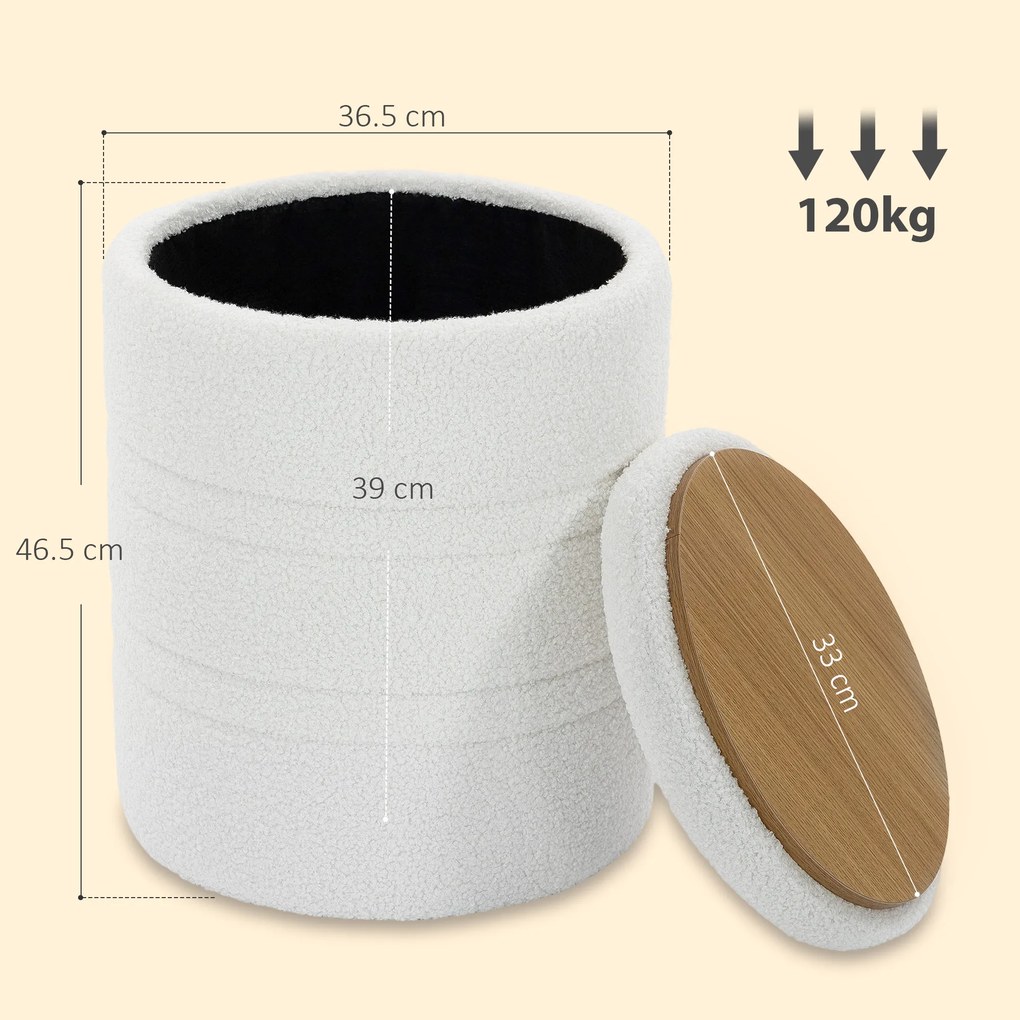 HOMCOM Taburet Rotund Tip Pouf cu Spațiu de Depozitare 33L din Sherpa cu Capac, Capacitate 120kg, Living, Hol, Alb | Aosom Romania