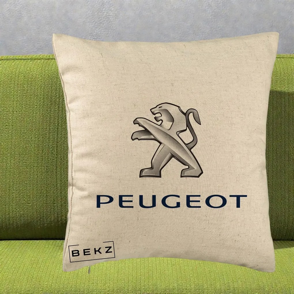 Perna Personalizata cu emblema Peugeot, 40x40 cm, Bej, Husa Detasabila, Perna Inclusa, BEKZ®