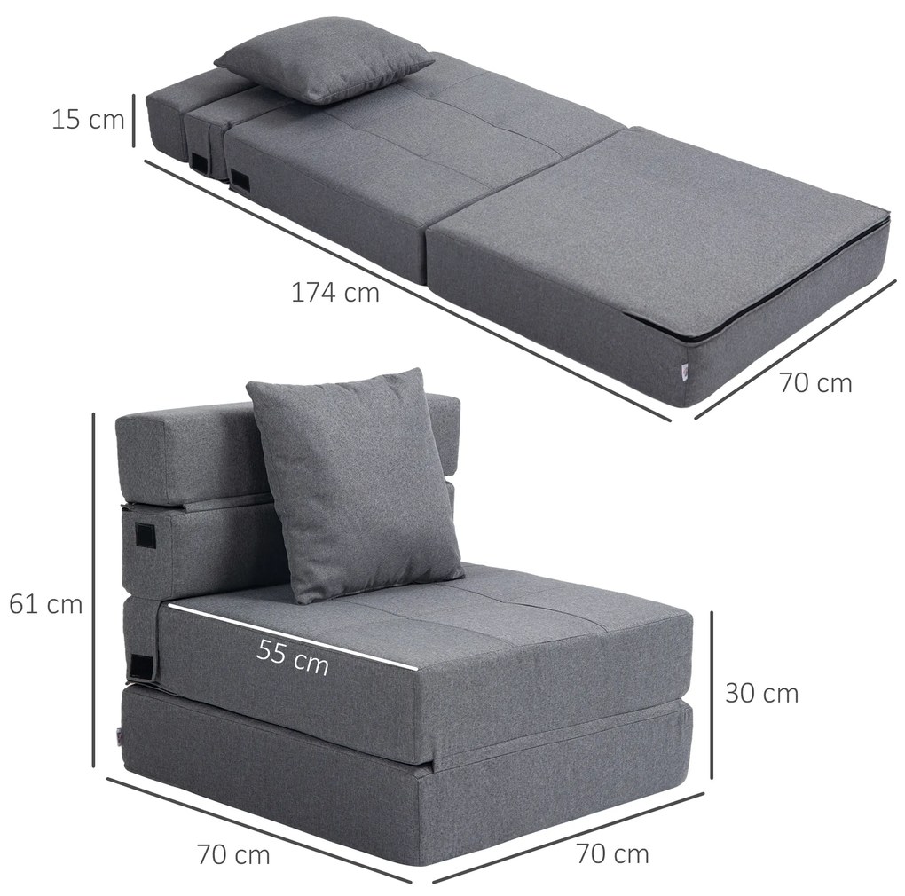 HOMCOM Fotoliu Pliabil Convertibil în Pat Single cu Pernă Inclusă, 70x70x61 cm, Gri | Aosom Romania
