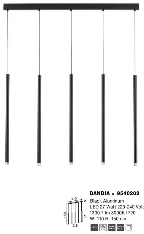 Lustra cu 5 pendule LED design tubular DANDIA