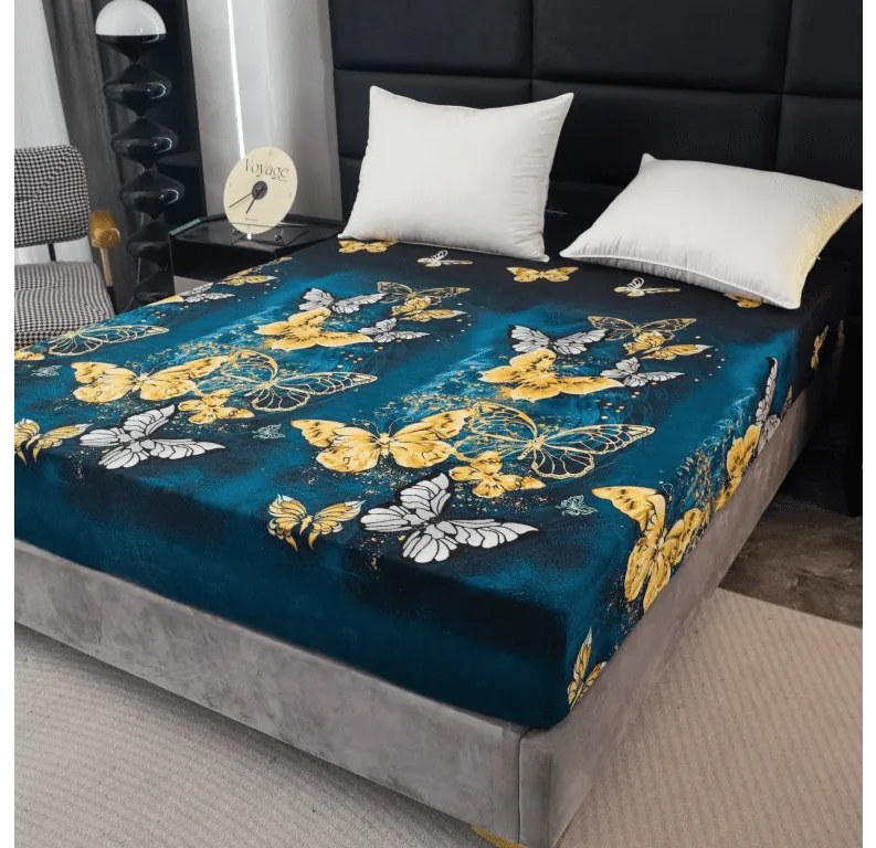 Cearsaf Cocolino microplus cu elastic FLUTURE AURIU SI ALB 90x200 cm verde inchis