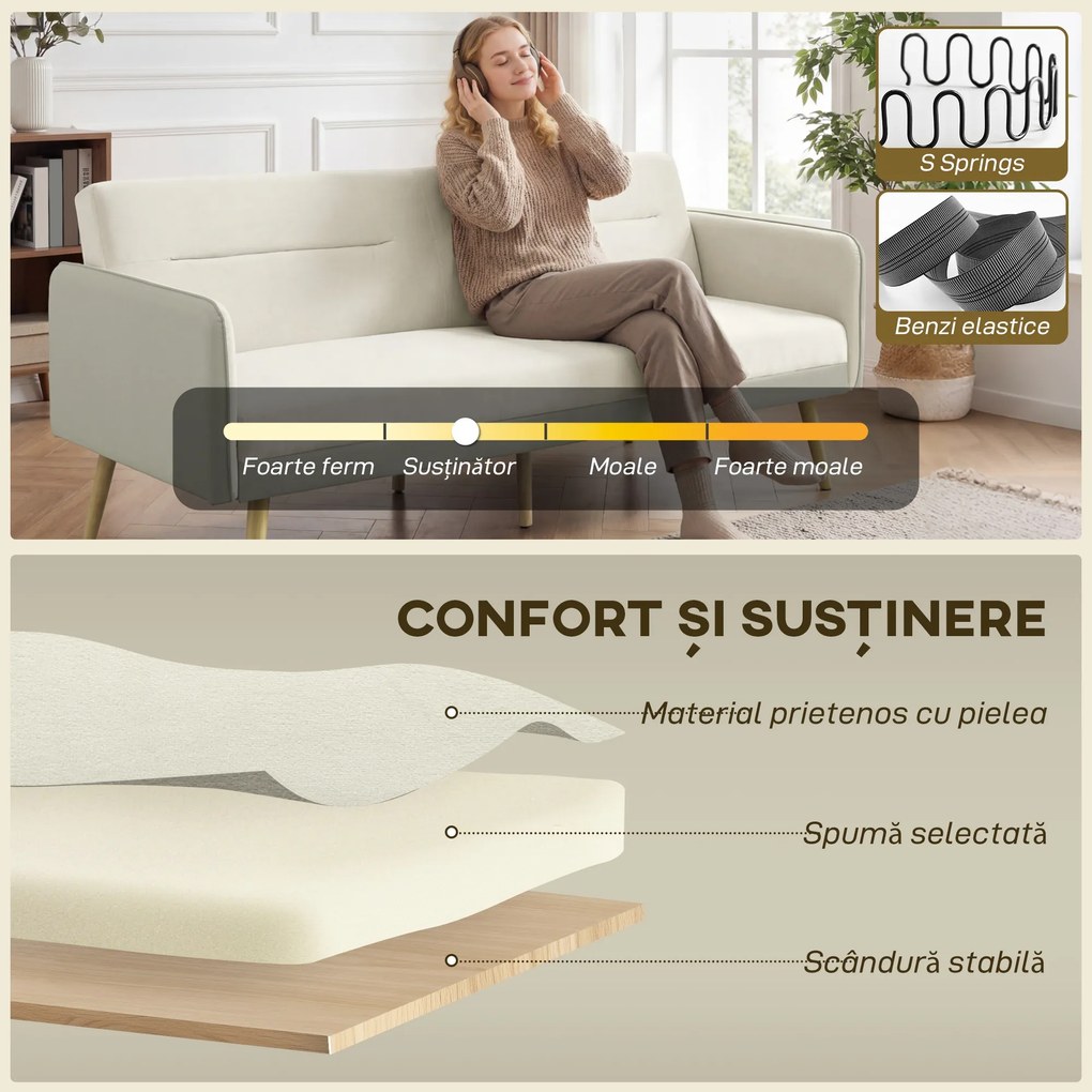 HOMCOM Canapea Extensibilă 3 Locuri Convertibilă cu Cotiere din PU, Colțar Reclinabil Clic Clac în Catifea cu Picioare Metalice și Cadru din Lemn, pentru Living sau Dormitor, 185x84x83 cm, Bej | Aosom Romania