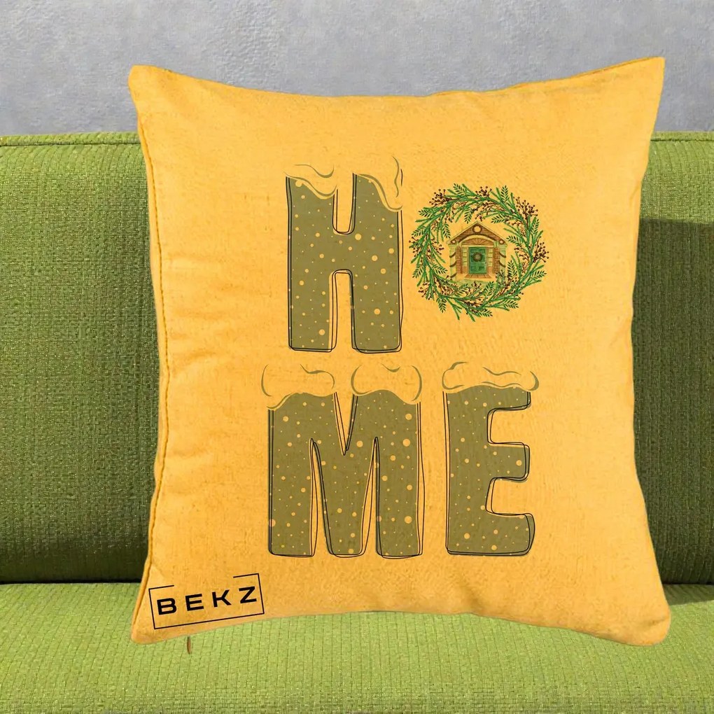 Perna Decorativa HOME Iarna cu Coroana, 40x40 cm, Galben, Husa Detasabila, Perna Inclusa, BEKZ®