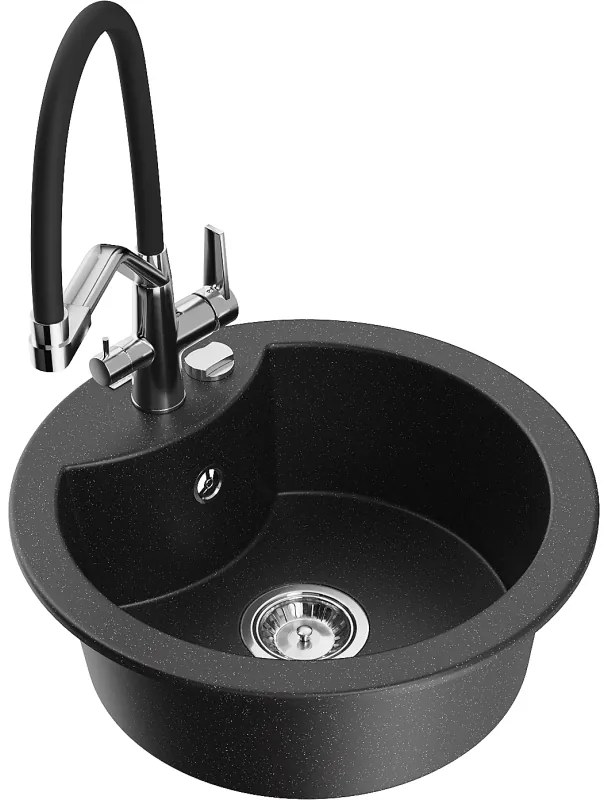 Mexen Diego chiuvetă de granit cu 1 compartiment și baterie de bucătărie Duo, negru/metalizat argintiu - 6512-73-671701-07